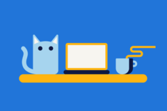 An illustration of a cat, a laptop and a cup of coffee on a desk.