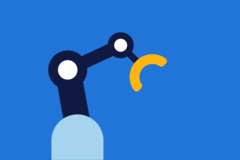 Visual of a robotic arm on a blue background.