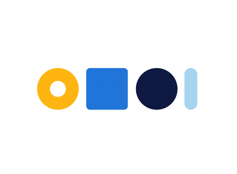 Yellow circle, medium blue square, dark blue circle, light blue line.